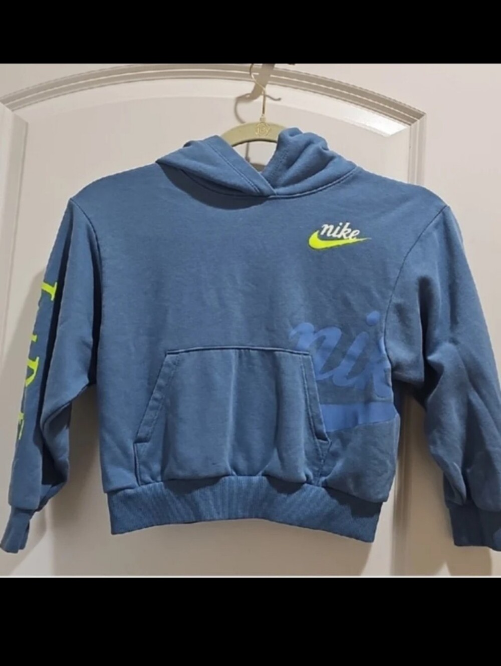 Nike Blue Kids Hoodie with Neon Yellow Swoosh